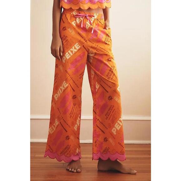 SOLD Farm Rio Printed Scallop-Hem Wide-Leg Pants Women's Size L Fresh Fish Pink - Picture 2 of 3